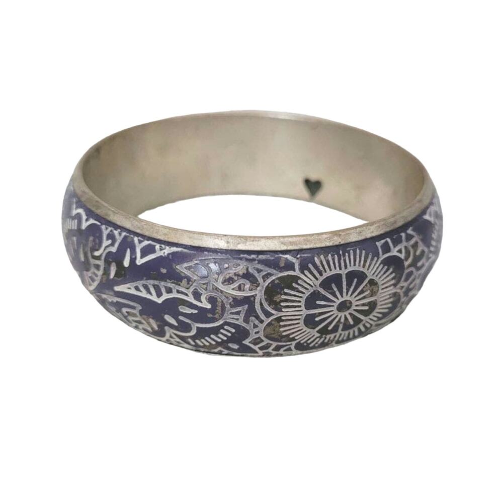 Purple Enamel Floral Bangle Bracelet Heart Cut out Engraved Silver